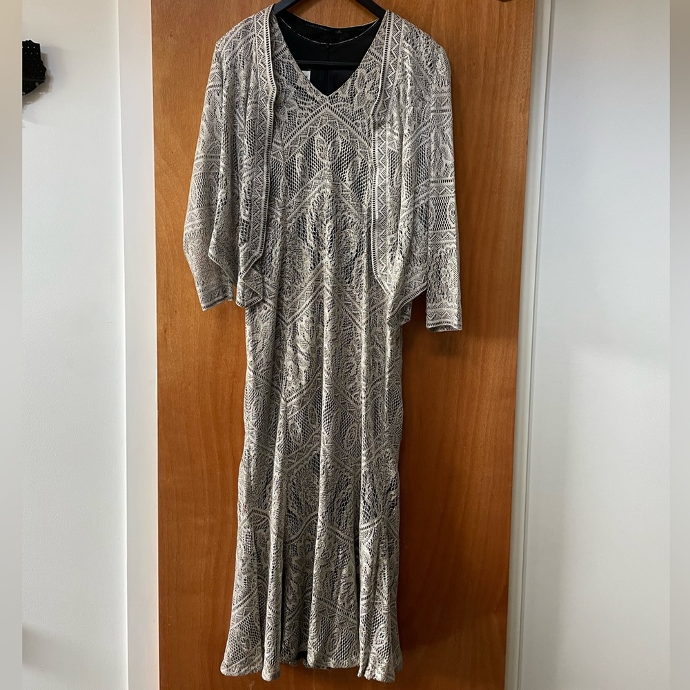 LILLIE RUBIN White Silver Gold Lace Crochet Knit Dress